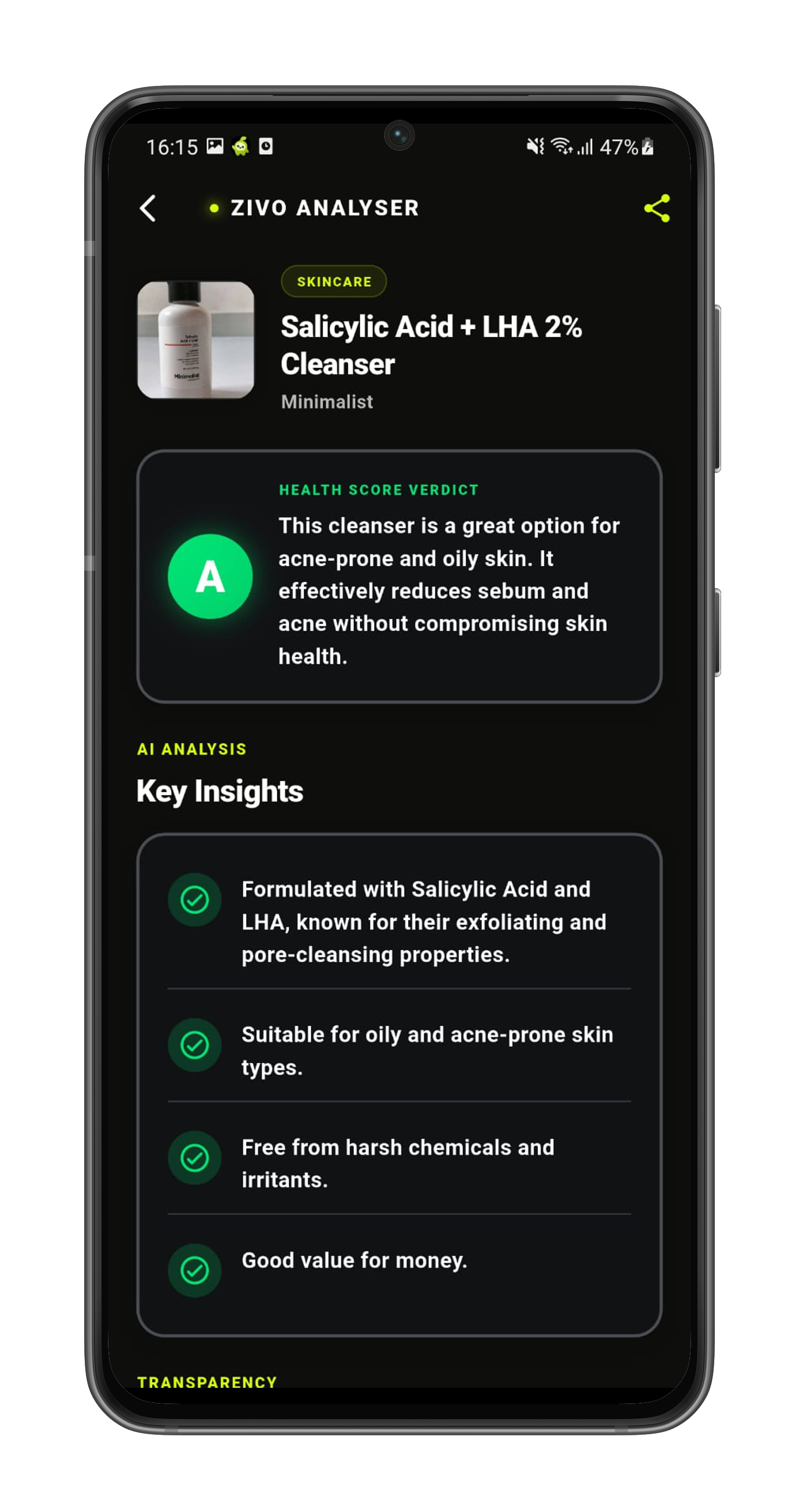 Zivo App Skincare Analyser Interface